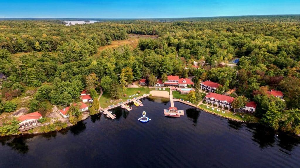 A stunning aerial view of Severn Lodge in the Muskoka region.
