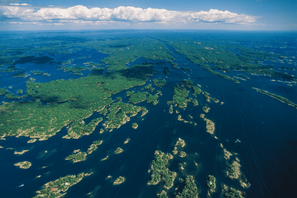 An aerial view of the Georgian Bay, one of the many wonders to behold on a Muskoka boat tour.
