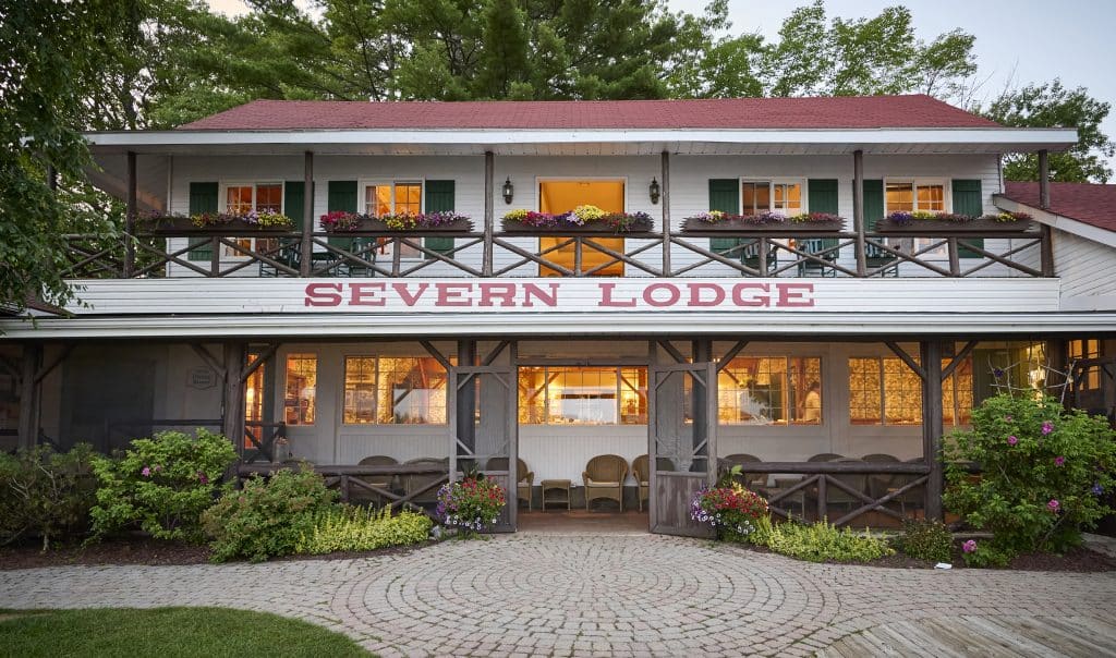 A front-facing view of Severn Lodge in Ontario's Muskoka region.